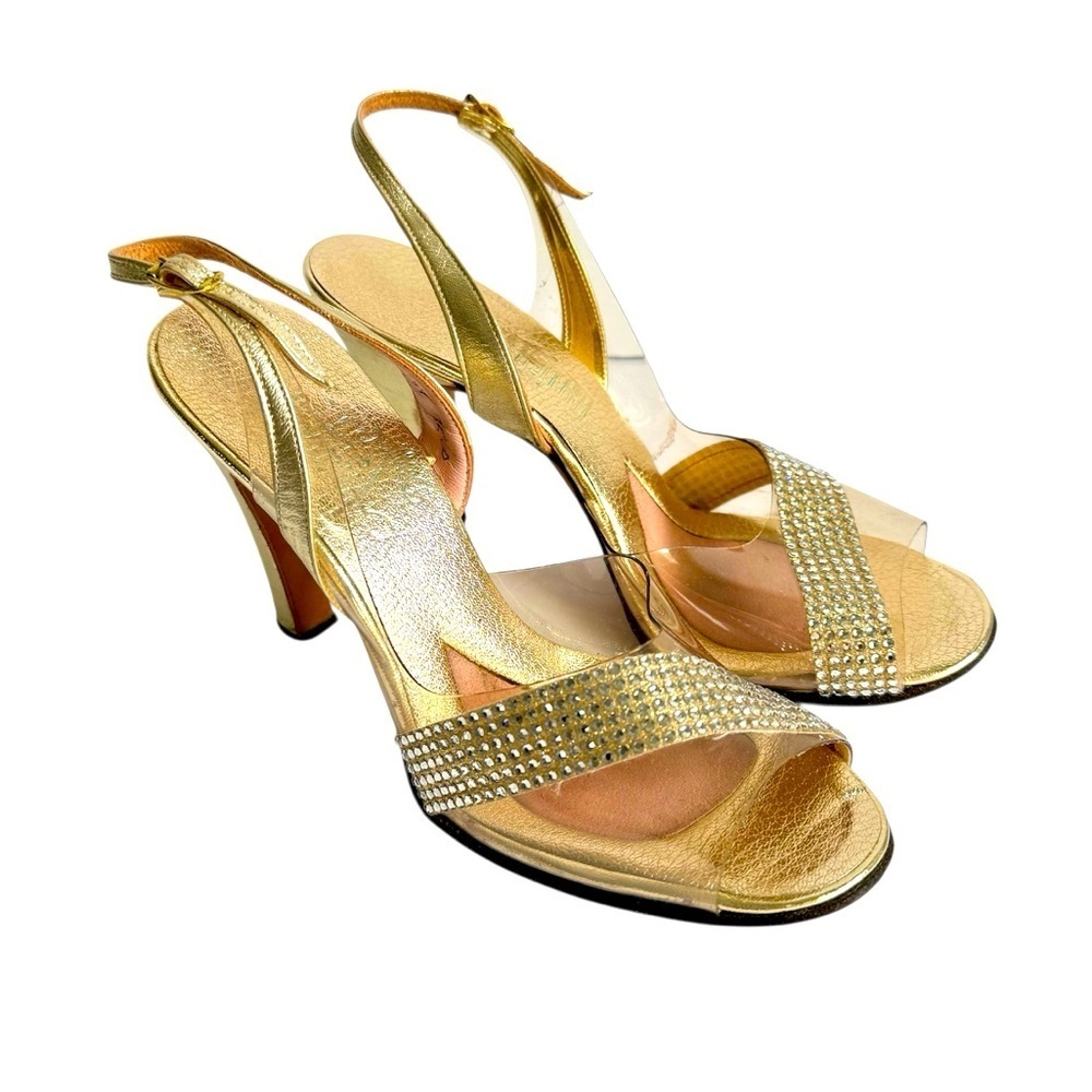 Vintage Crystal Pumps 60s Amano High‎ Heels Shoes Gold Clear Pinup Womens 6.5